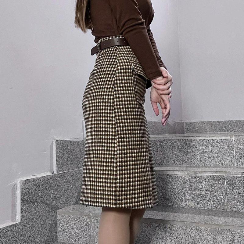 Шерстяная клетчатая юбка, женские юбки средней длины с высокой талией и карманами, разрезом, женские корейские модные одношаговые шикарные юбки Faldas