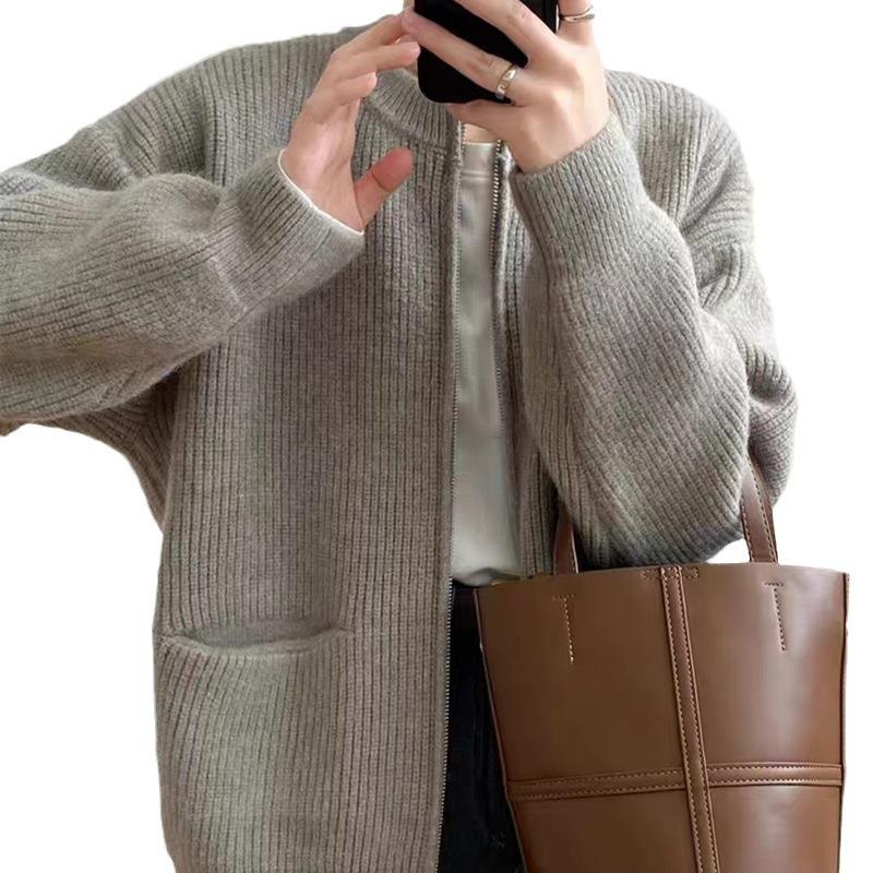 Осень Новый О-образный вырез на молнии свитер кардиган пальто корейский повседневный свободный трикотажные куртки осень-зима трикотаж теплые мягкие пальто топы
