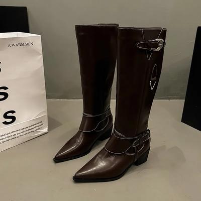 Женские длинные ботинки Челси с острым носком, пряжкой, роскошные на высоком каблуке, обувь 2024, осенний новый тренд, гладиаторские женские ботфорты до колена, туфли-лодочки