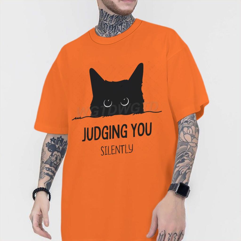 Judging You Silently Print T Shirt Men Women Sarcastic Humor Streetwear Short Sleeve Harajuku Cat Tee Male 100 Cotton Fun Shirt
