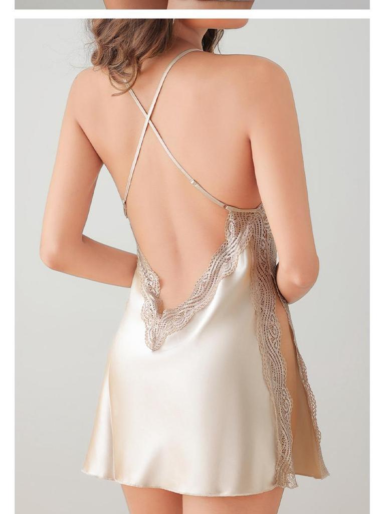 Сексуальная ночная сорочка в европейском и американском стиле с кружевной отделкой, открытой спиной и боковым разрезом, женская юбка на бретелях SH8181