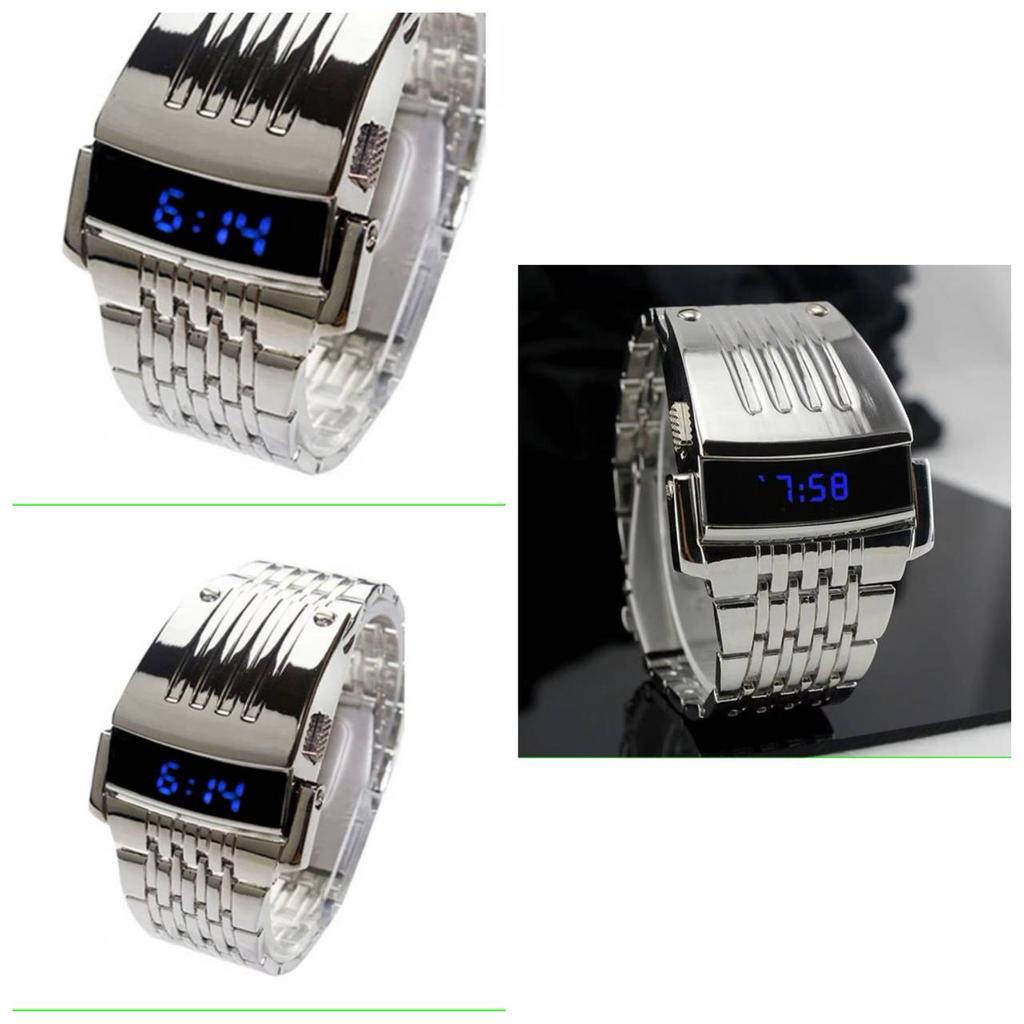 Светодиодные модные наручные часы Мужской подарок Цифровой светодиодный синий дисплей Широкий браслет из нержавеющей стали Армейские спортивные Винтажные ретро Повседневные