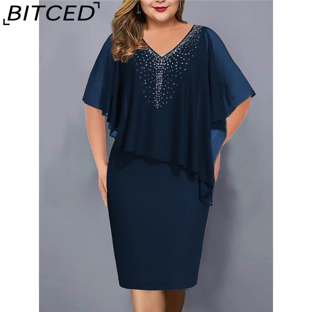 BITCED Women Plus Size V Neck Asymmetrical Buttocks Dress Chiffon Sequin Dress(L-5XL)