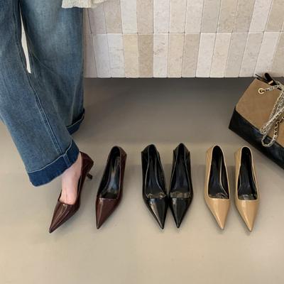 Черные женские туфли-стилеты на высоком каблуке 2025 осень новые французские остроносые на среднем каблуке одинарные туфли профессиональные с мелким вырезом женские туфли