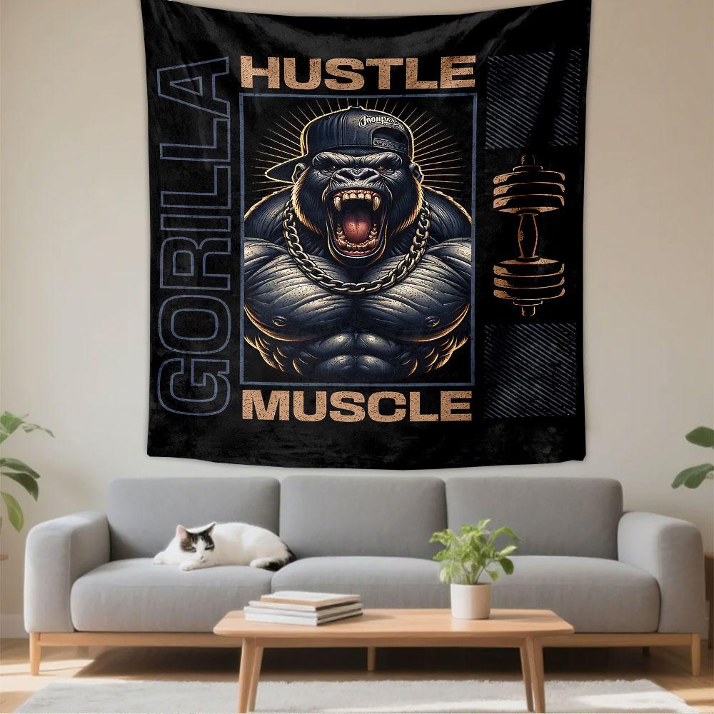 Gorilla Hustle Muscle Tapestry Wall Hanging, Fitness Gorilla Art, Wall Decor for Bedroom Living Room Dorm