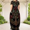 Women Plus Size Round Neck Short Sleeve Black Golden Galaxy Printed Loose Maxi Dress With Side Pockets