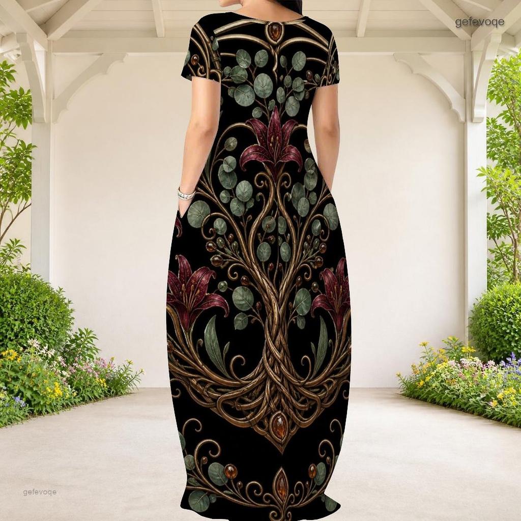 Women Plus Size Round Neck Short Sleeve Black Golden Galaxy Printed Loose Maxi Dress With Side Pockets