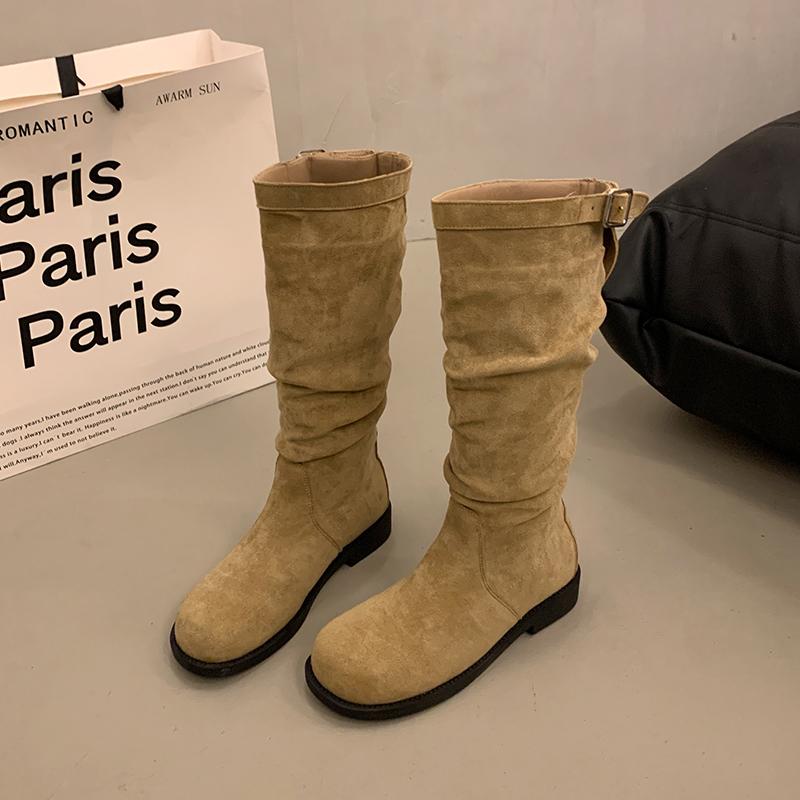 Винтажные плиссированные женские сапоги до колена обувь весна осень элегантные женские на низком каблуке рыцарские боты