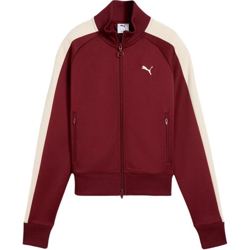 Puma Универсальная повседневная короткая вязаная куртка T7 с блоками разных цветов, воротником-стойкой, на молнии, с небольшим логотипом, женская, винно-красная