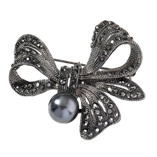 Retro Bow Brooch Rhinestone Black Faux Pearl Flower Brooch Pin Bow Lapel Pin Women Outfit Accessory for Sweaters Hats Coats