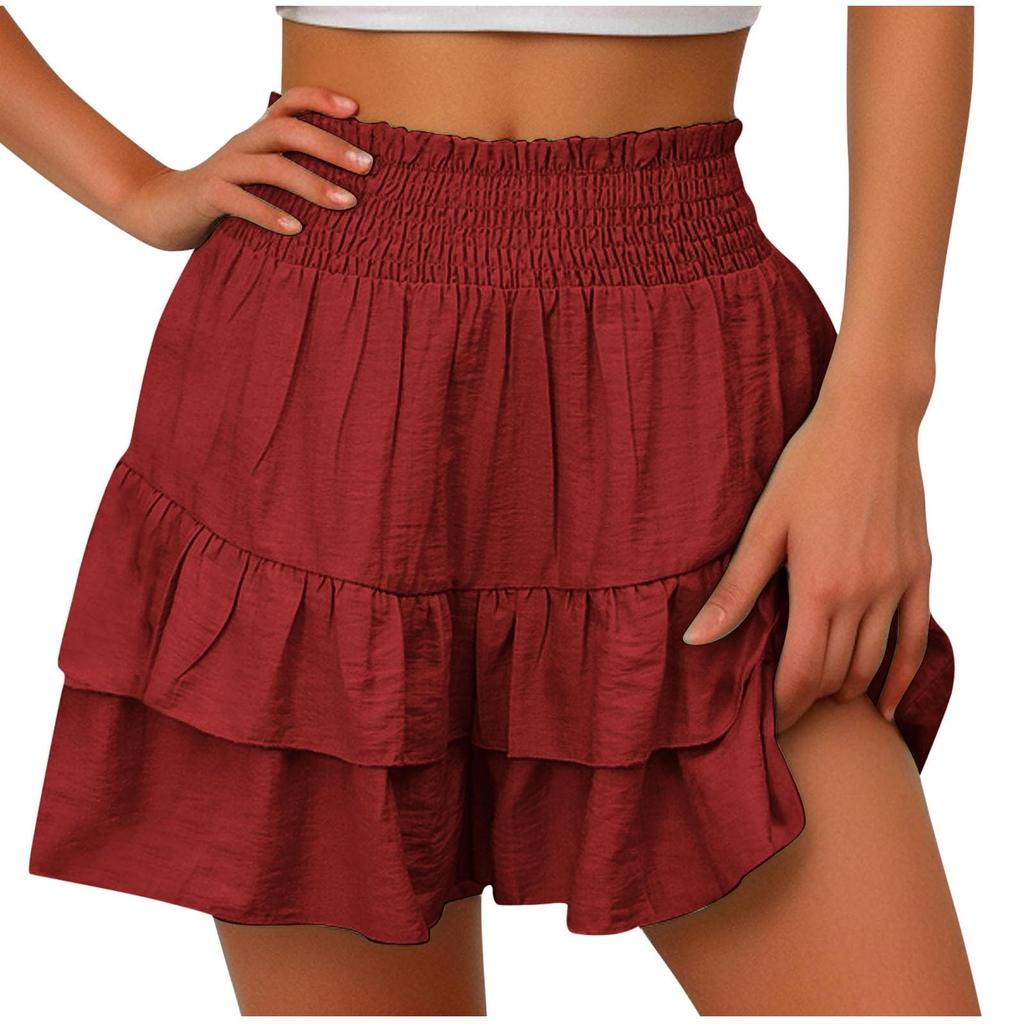 Womens Summer High Waist Ruffle Skirt Cute Flowy Skirt Casual Comfy Elastic Shorts Wrap Beach Shorts