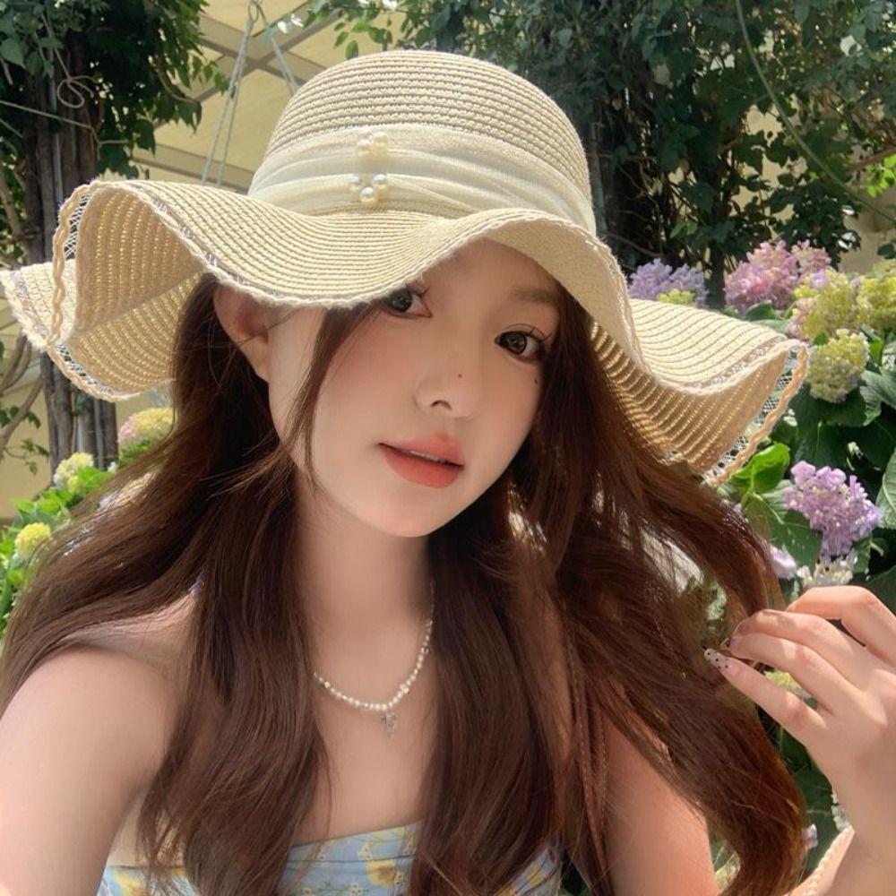 Весна-лето кружевная соломенная шляпа с жемчугом, большие поля, женская соломенная шляпа с бантом и лентой для девочек