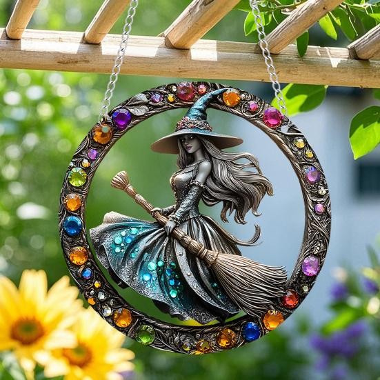 Halloween Witch Black Cat Hanging Sign 2D Flat Acrylic Broom