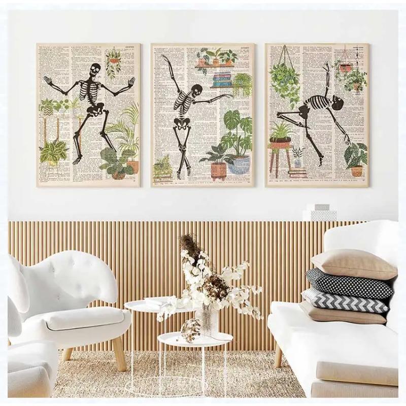 Dancing Skeleton Poster Abstract Vintage Human Skeleton Newspaper Canvas Painting Funny Wall Art for Living Room Home Decor