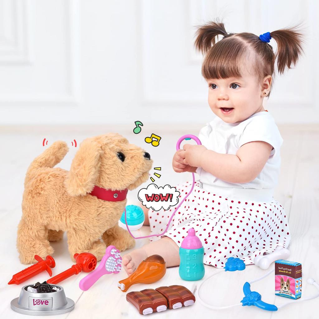 JoyGrow Pretend Play Set, Walk with Your Dog, Moving Plush Toy with Sound, Robot Dog, Pet Care Kit, Doctor Play Toy, Feeding, Educational Toy,