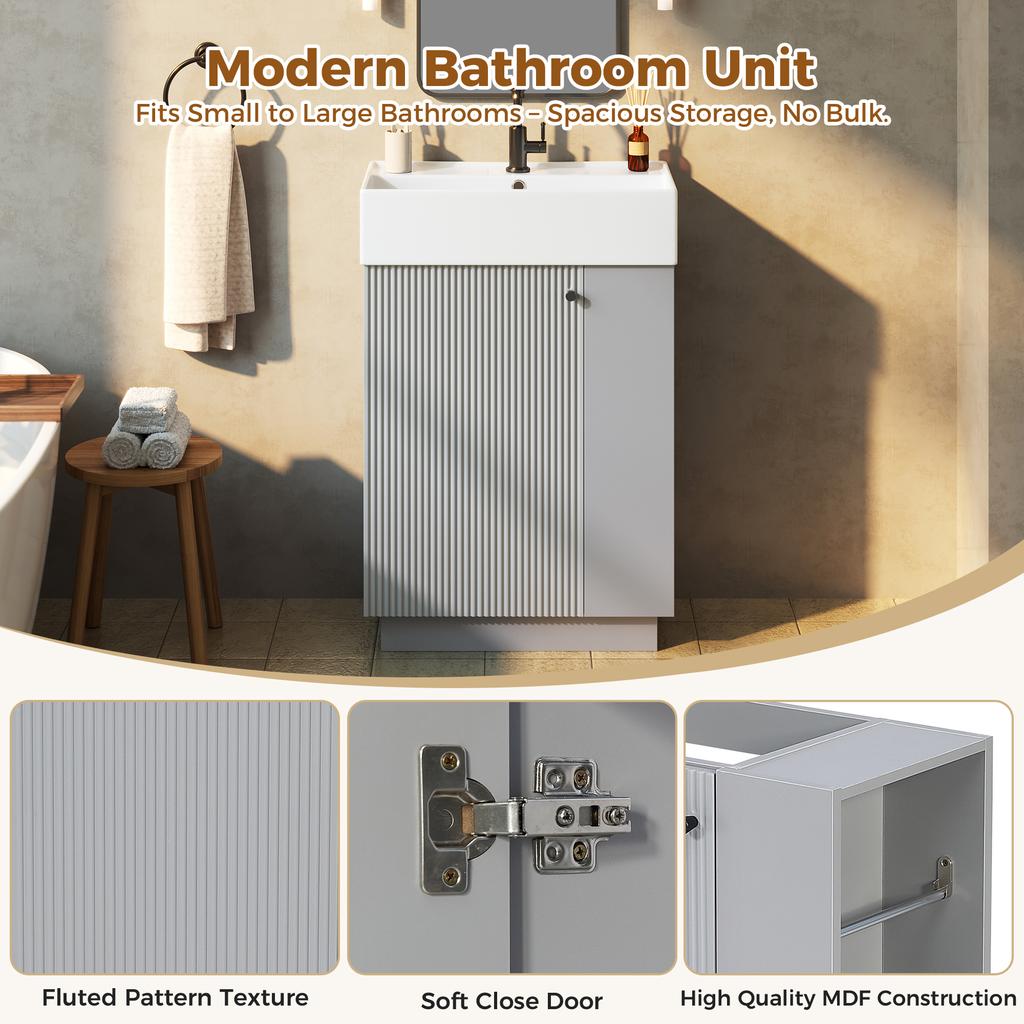 55 cm Freestanding Bathroom Vanity Unit with Grooved Wood Look, Ceramic Washbasin, Removable Toilet Paper Holder and Storage – without Tap, Grey