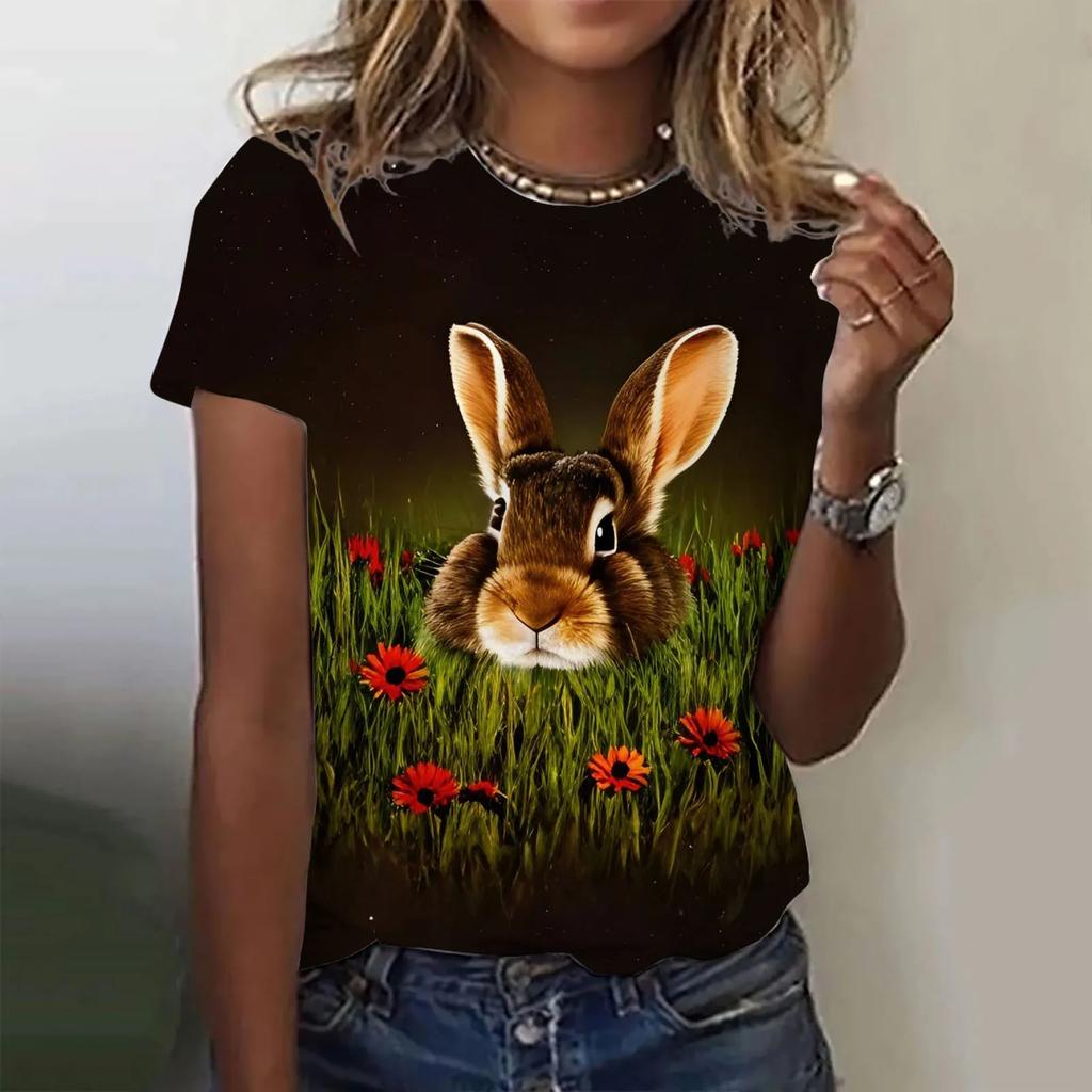 Rabbit 3D Print Women T-shirts Streetwear Casual Fashion Y2k Short Sleeve T Shirt O-neck Tops Tees Clothing