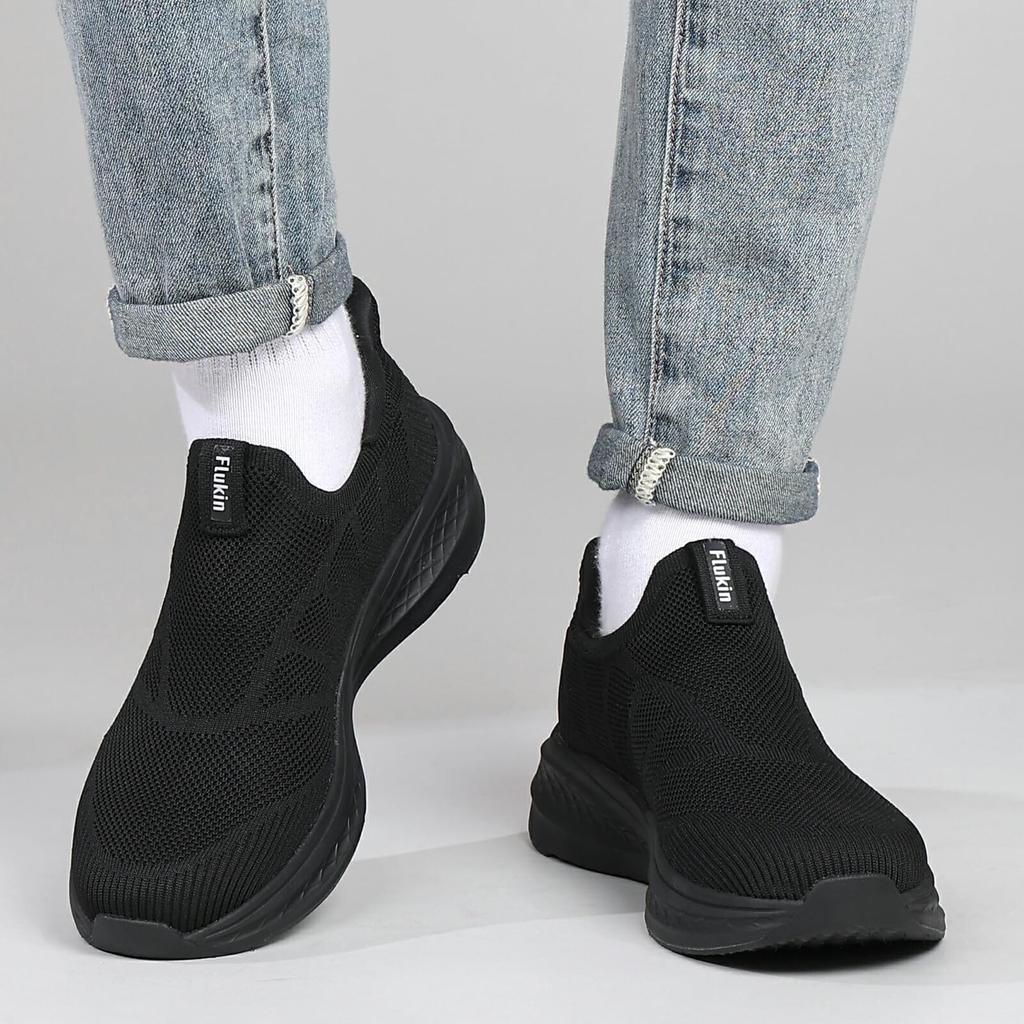 laceless sneakers for 3E nurse woven [Flukin] Hands-free, men, slip-on style, width, breathable, mesh, shock-absorbing, shoes, fabric, black, 27.0cm