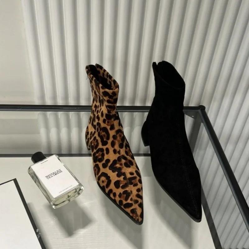 Women's Boots  New Spring Stiletto Heel Ankle Boots Fashionable Leopard Print Side Zipper Large Size Medium Heel Ankle Boots