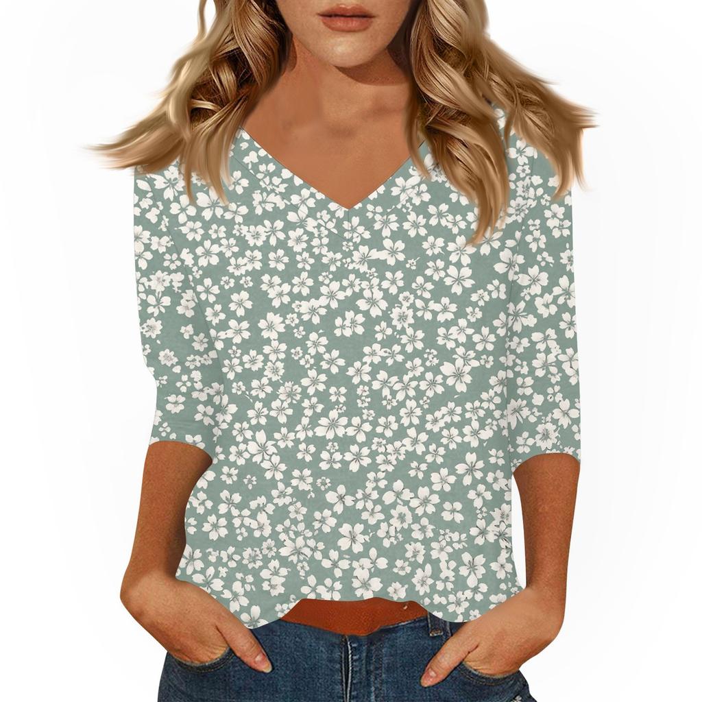 Women's Tops Three-quarter Sleeve Shirt V-neck Loose Casual Shirt Print T-shirt