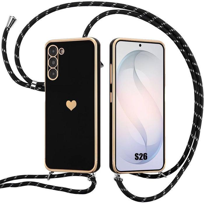 Coque pour Samsung Galaxy S26, Protection Silicone Slim Antichoc Motif Cœur avec Bandoulière Noire