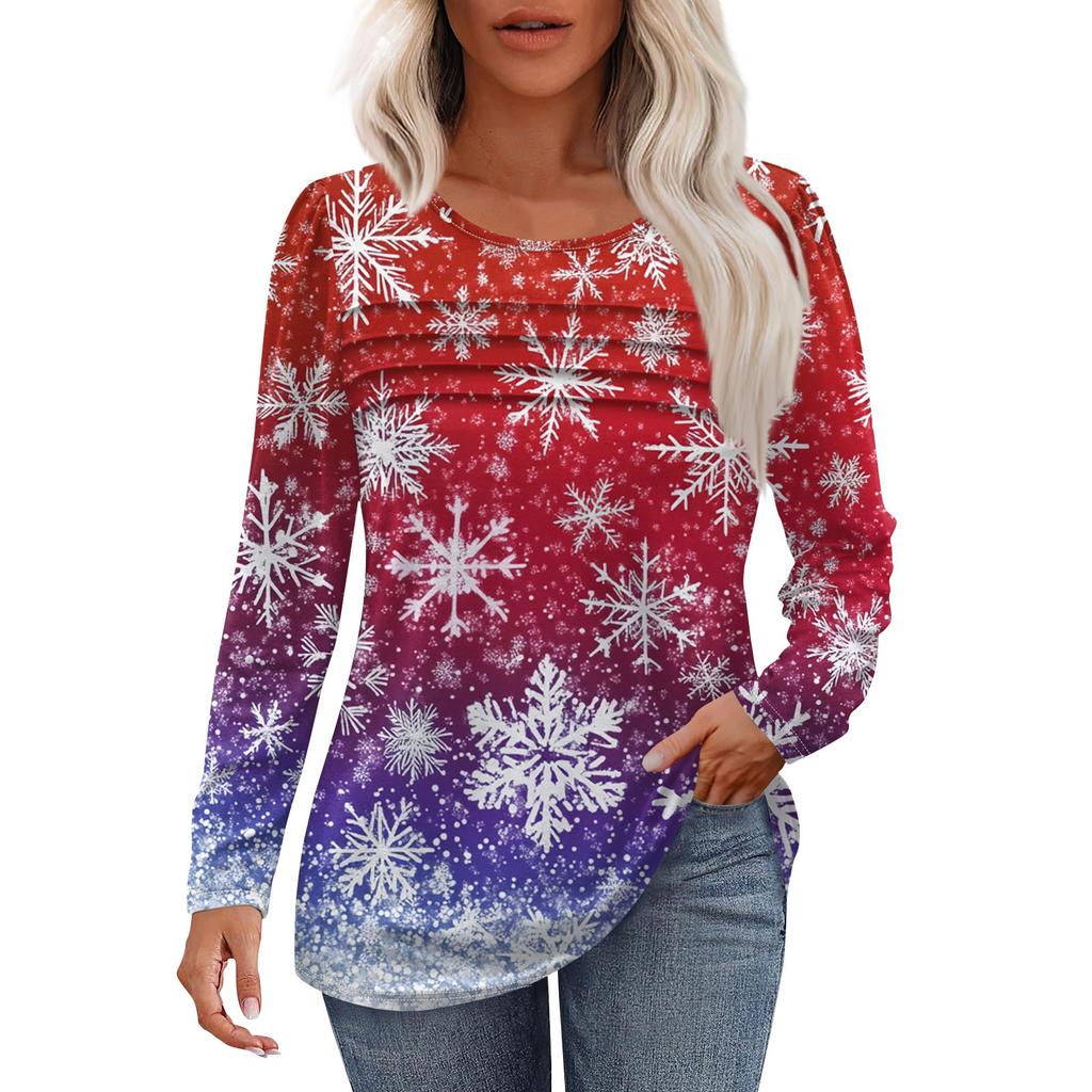 Женская модная повседневная рождественская футболка с круглым вырезом и длинными рукавами