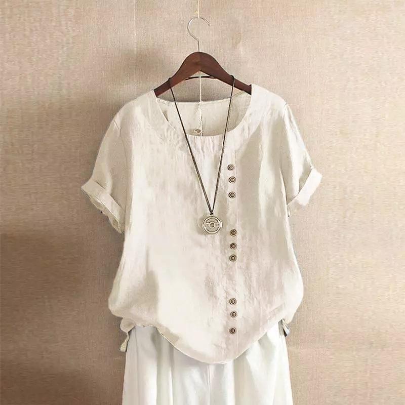Women Loose Casual Tops Button Linen Daily Boho Tunic T-shirt Short Sleeve Blouse