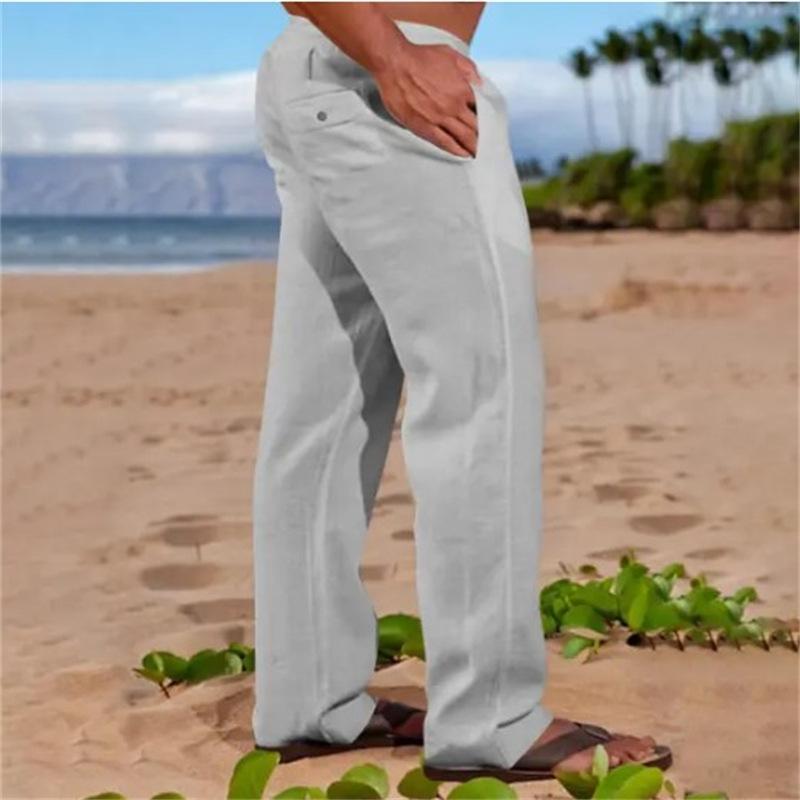 Модные мужские спортивные брюки из хлопка и льна для повседневного использования, однотонные, со шнурком и несколькими карманами, свободные прямые брюки