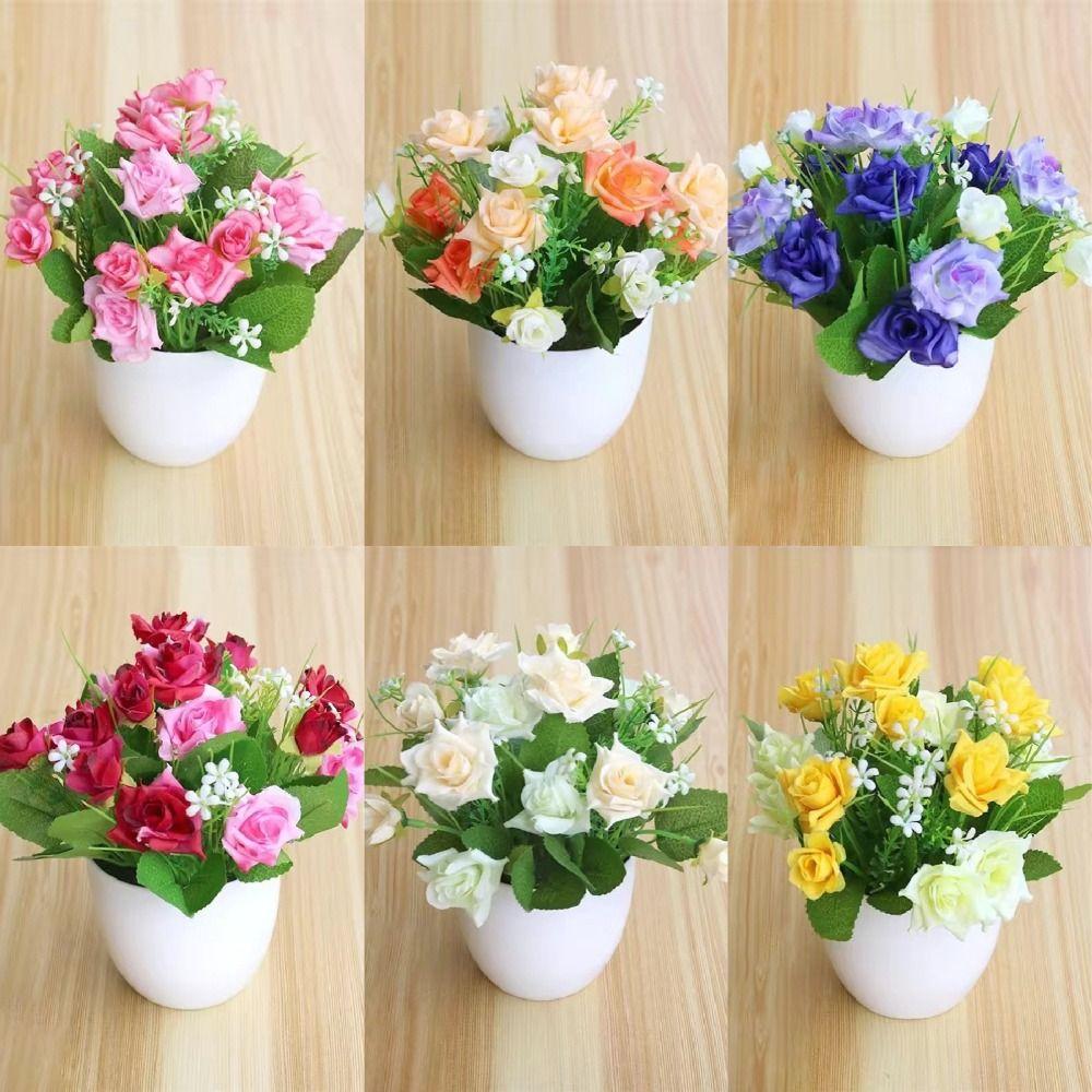Flower Arrangement Faux Rose Flowers Plastic Garden Artificial Plant Home Indoor Decor