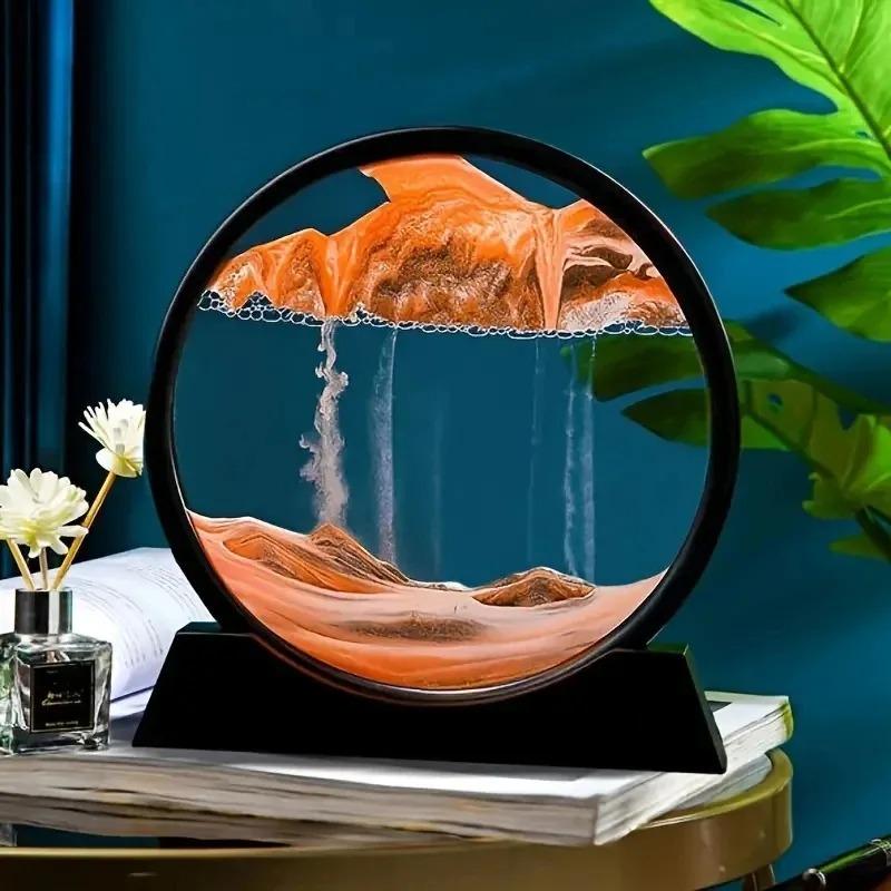 3D Flowing Sand Art Picture 7-Inch Round Glass Seaview Hourglass Flowing Sand Craft Flowing Sand Painting Home Decoration