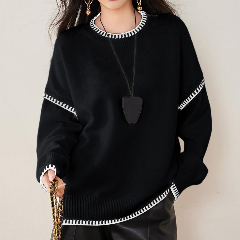 Женский модный повседневный универсальный ленивый стиль контрастный пуловер с круглым вырезом, длинным рукавом, свободный вязаный свитер