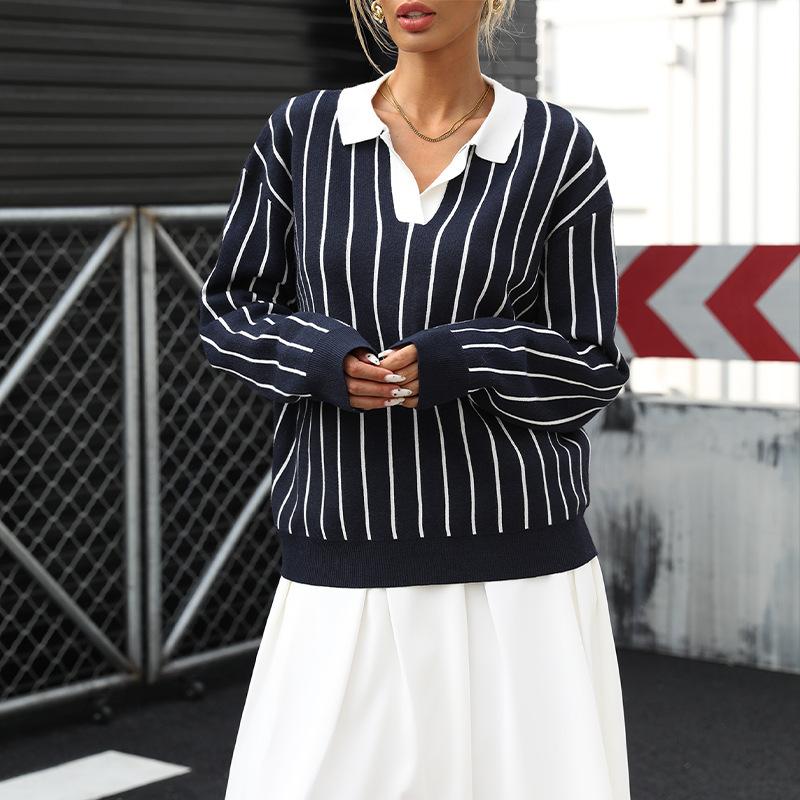 New Autumn College Casual Street Trend Lapel Striped Women's Sweater