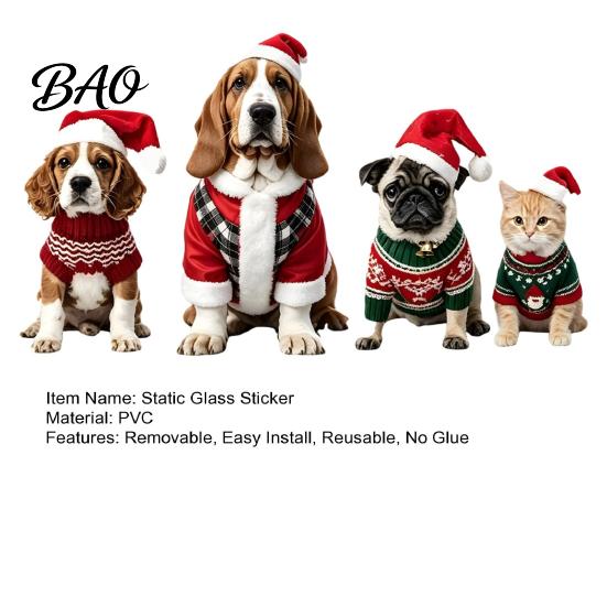 Reusable Holiday Ornaments Christmas Pet Static Window Clings, Cute Dogs Cats with Santa Hat Glass Stickers Decals, Xmas Festive Decor for Home