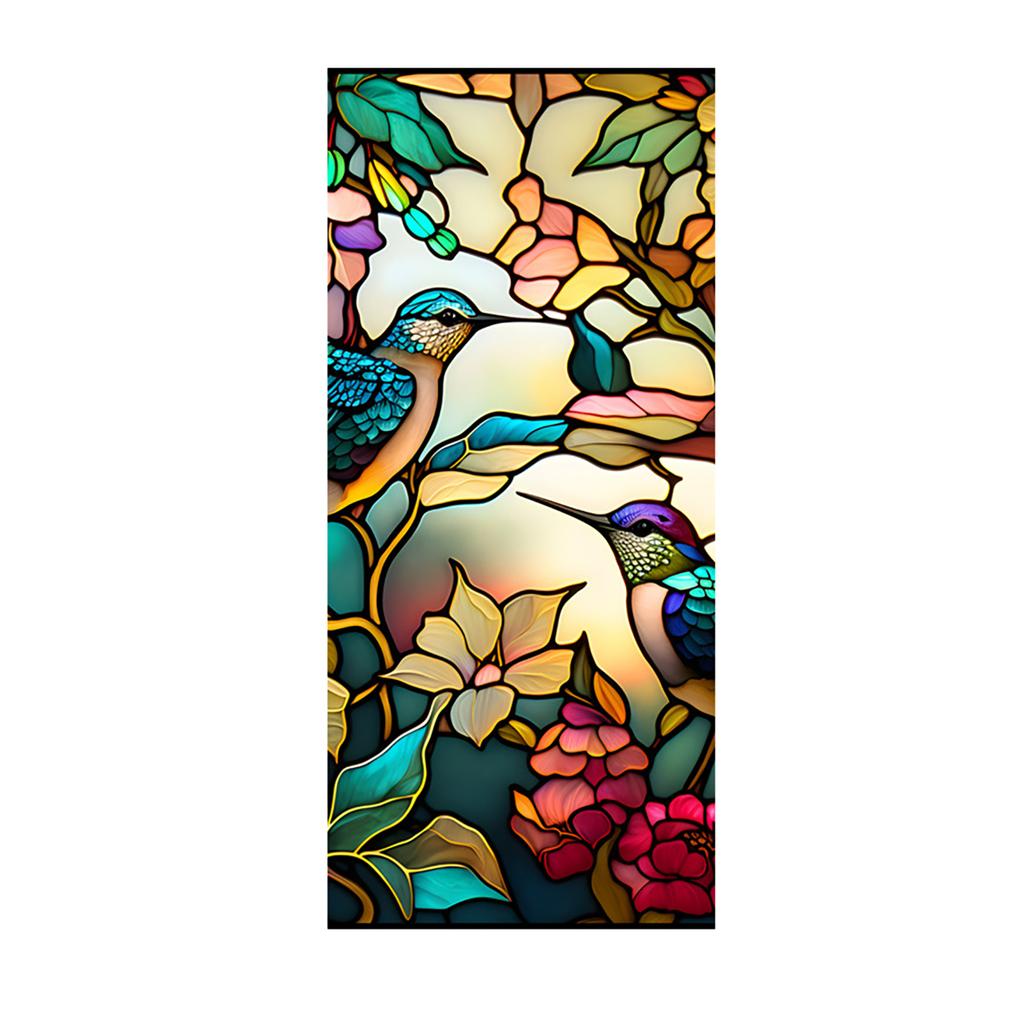 Retro Colorful Hummingbird Flower Stained Glass Window Film Non-adhesive Window Film Decorative Static Cling