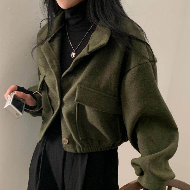 Autumn and Winter Fashion Stand-up Collar Women Short Coats Loose Casual Long Sleeve Office Shirt Ladies Elegant Simple Pockets Jackets Clothing