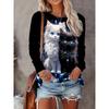 Daily Casual 3D Cute Cat Printed Women's Fashionable Round Neck Long Sleeved T-shirt