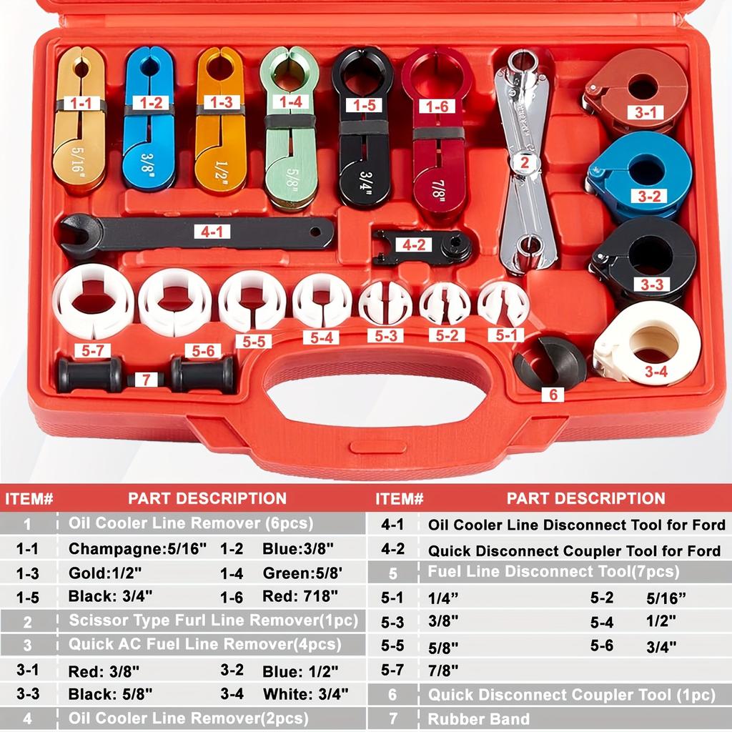 25pcs Quick Disconnect Tool Set - Color-Coded, Durable Automotive Line Disconnect Kit for A/C, Fuel & Transmission Systems with Storage Case