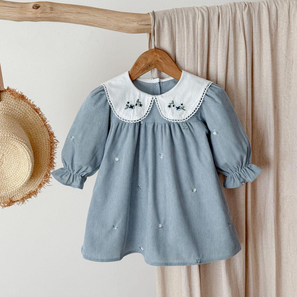 Набор из платья с длинным рукавом и боди для девочек в корейском стиле с вышитым воротником