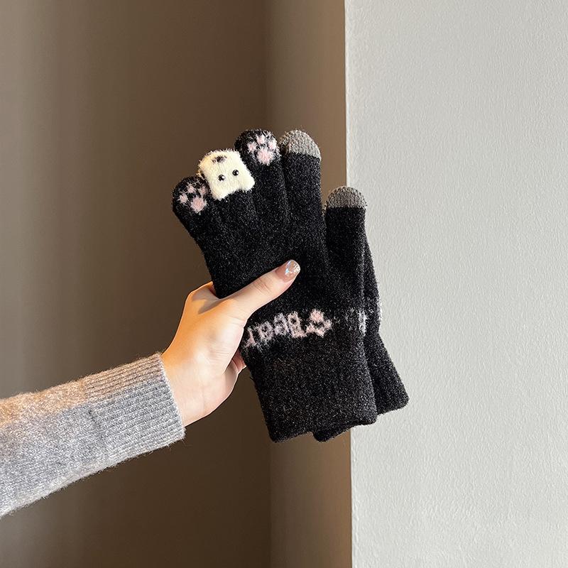 Милые плюшевые перчатки женские зимние толстые теплые сенсорные вязаные шерстяные велосипедные непродуваемые перчатки для пальцев студенческие зимние