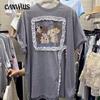 Women's Plus Size Cartoon Print Lace Splicing Open Summer Loose Meat Mask Slimming T Shirt