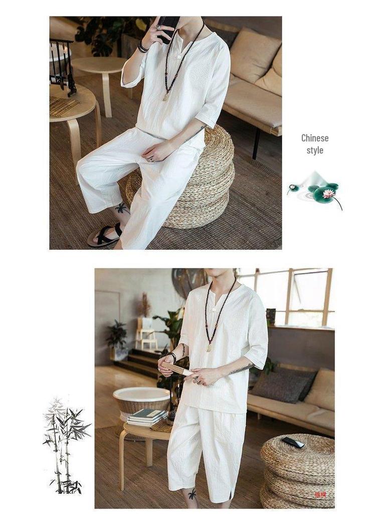 Men's Chinese Linen Pajama Set: Short Sleeve Hanfu Top with Frog Buttons and Cotton Linen Capri Pants In Trendy Loose Fit