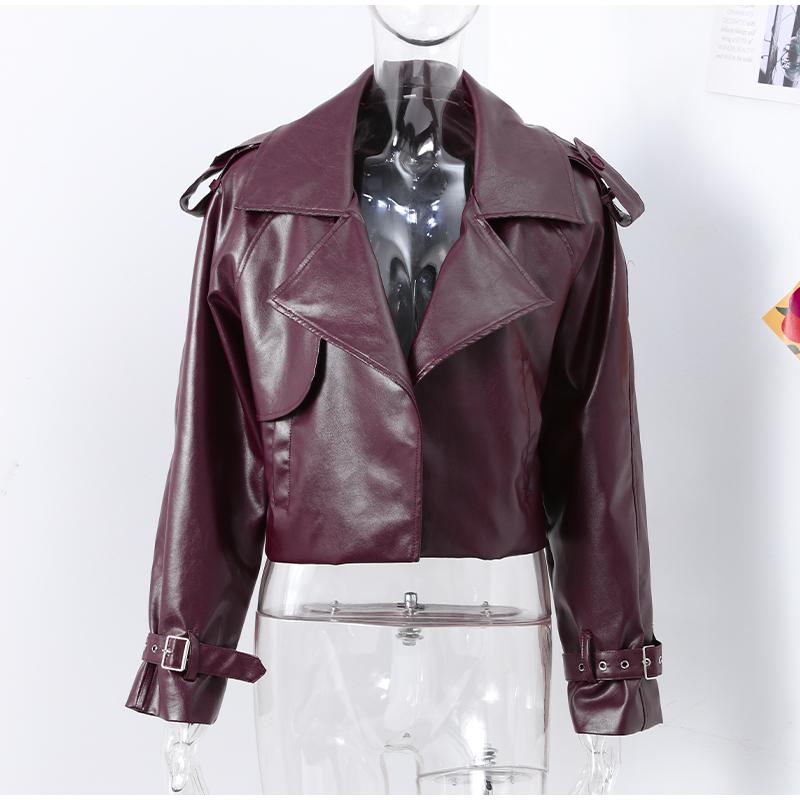 Уличная короткая куртка из кожи бордового цвета с красными карманами и лацканами для женщин, куртка с длинным рукавом, осенняя свободная верхняя одежда для женщин