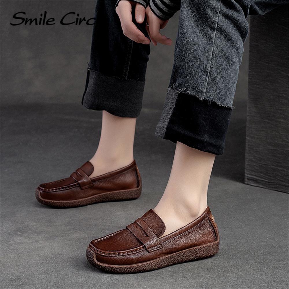 Женские лоферы из натуральной кожи, модная повседневная обувь в стиле ретро, ​​низкие женские туфли без шнуровки на плоской подошве