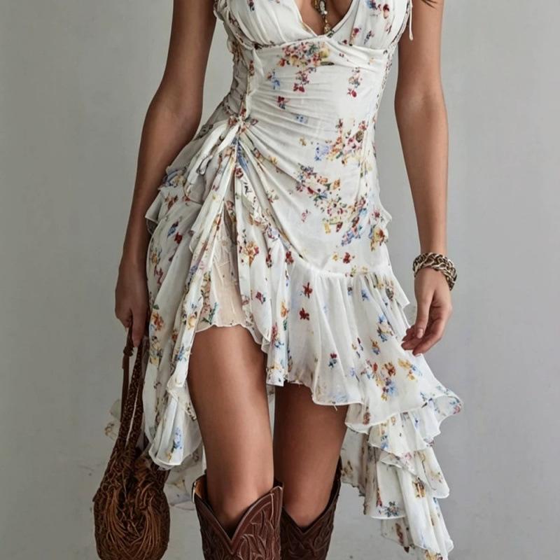 2026 European and American fashion casual women's clothing flower print suspender V-neck fungus edge dress