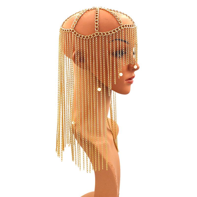 Преувеличенное длинное кисточное алюминиевое цепное украшение на голову с жемчужной подвеской для женщин