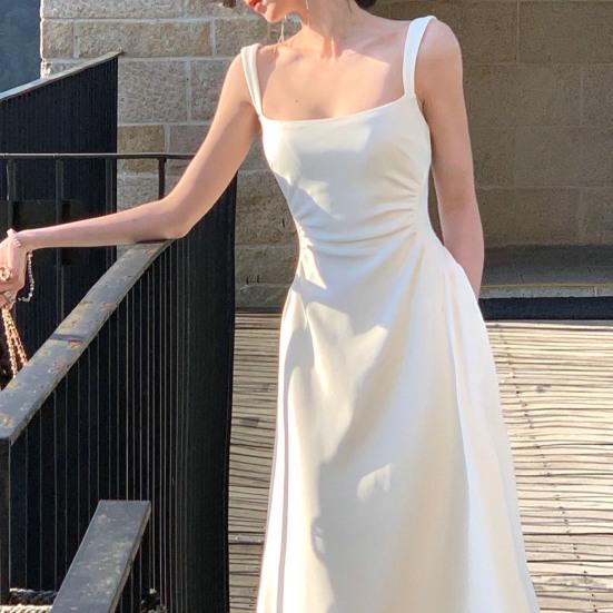 Вечернее женское платье с глубоким вырезом и квадратным вырезом, без рукавов, с высокой узкой талией, трапециевидной формы, плиссированное, сплошной цвет, во французском стиле, до щиколотки, для выпускного банкета