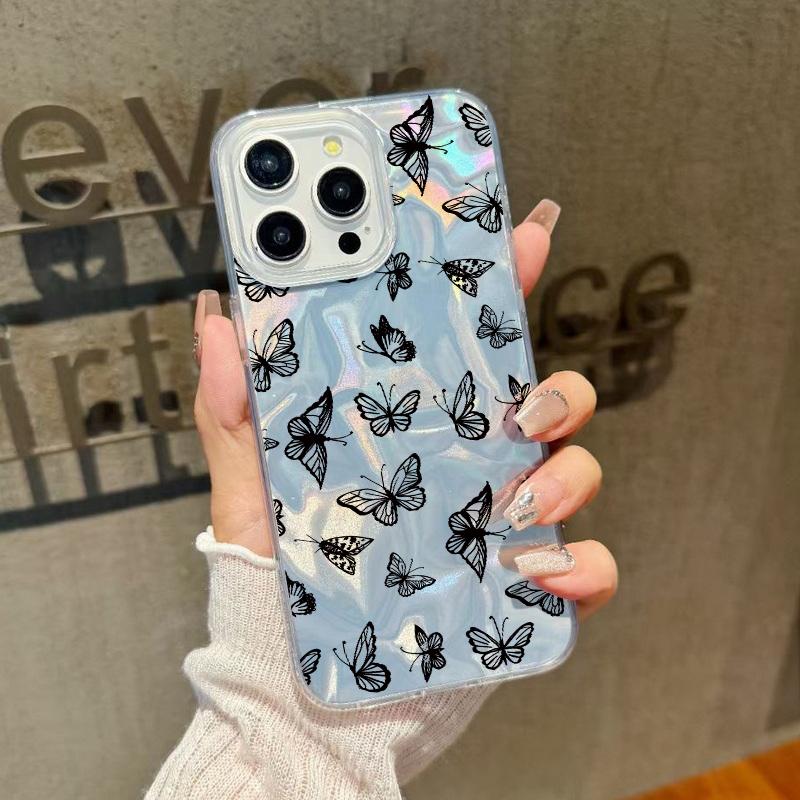 Прозрачный мягкий противоударный чехол с принтом бабочек для iPhone 16 Pro Max 15 14 Pro 13 12 11, блестящая жесткая задняя крышка из поликарбоната с перьями