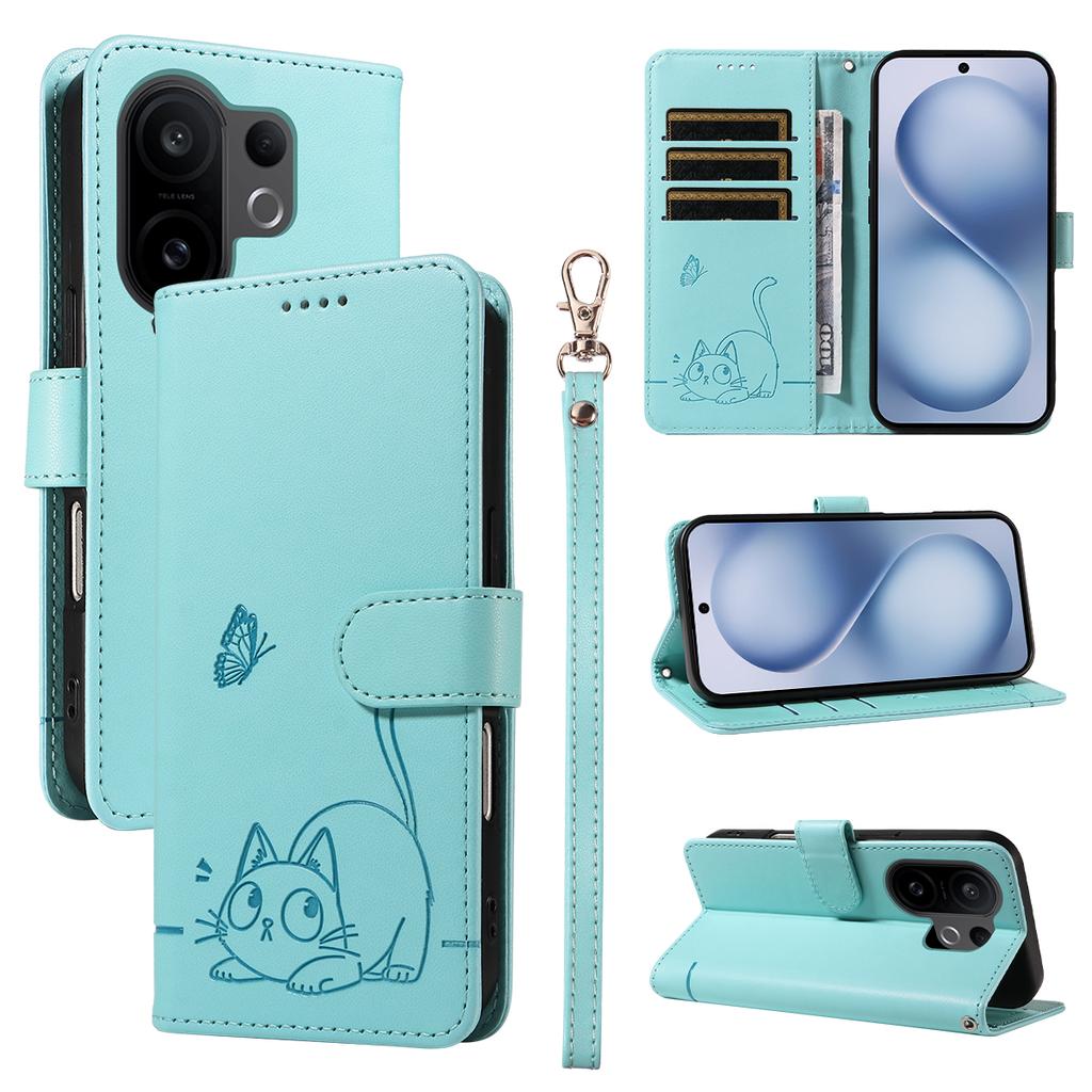 For vivo X200 FE 5G/vivo S30 Pro mini 5G Case Cat Pattern Imprint Leather Phone Cover with Wrist Strap