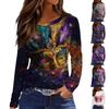Women's Fashionable Carnival Print Round Neck Long Sleeve Top With Slit Hem