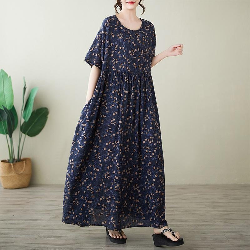 Короткий рукав Плюс размер Хлопок винтажный цветочный новый в платьях для женщин повседневное свободное макси длинное летнее платье